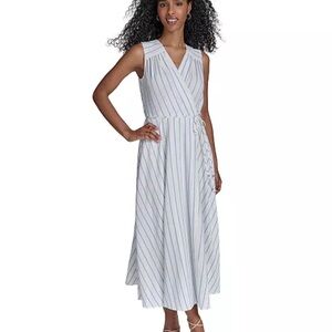 Calvin Klein Grey and White Sleeveless Wrap Midi Dress